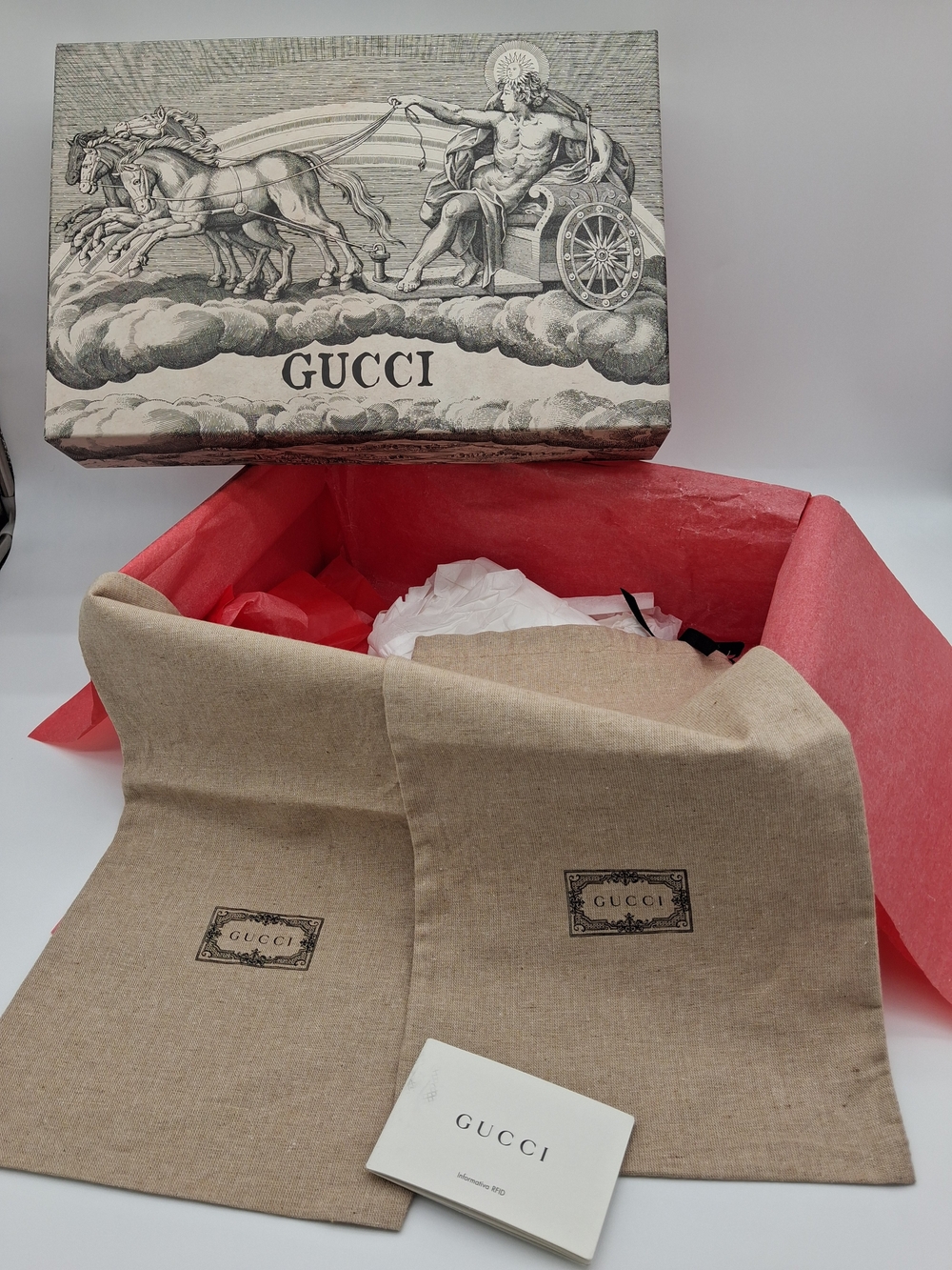 GUCCI Illustrated Presentation Gift Box 2 Dust Bags Tissue RFID Booklet EUC